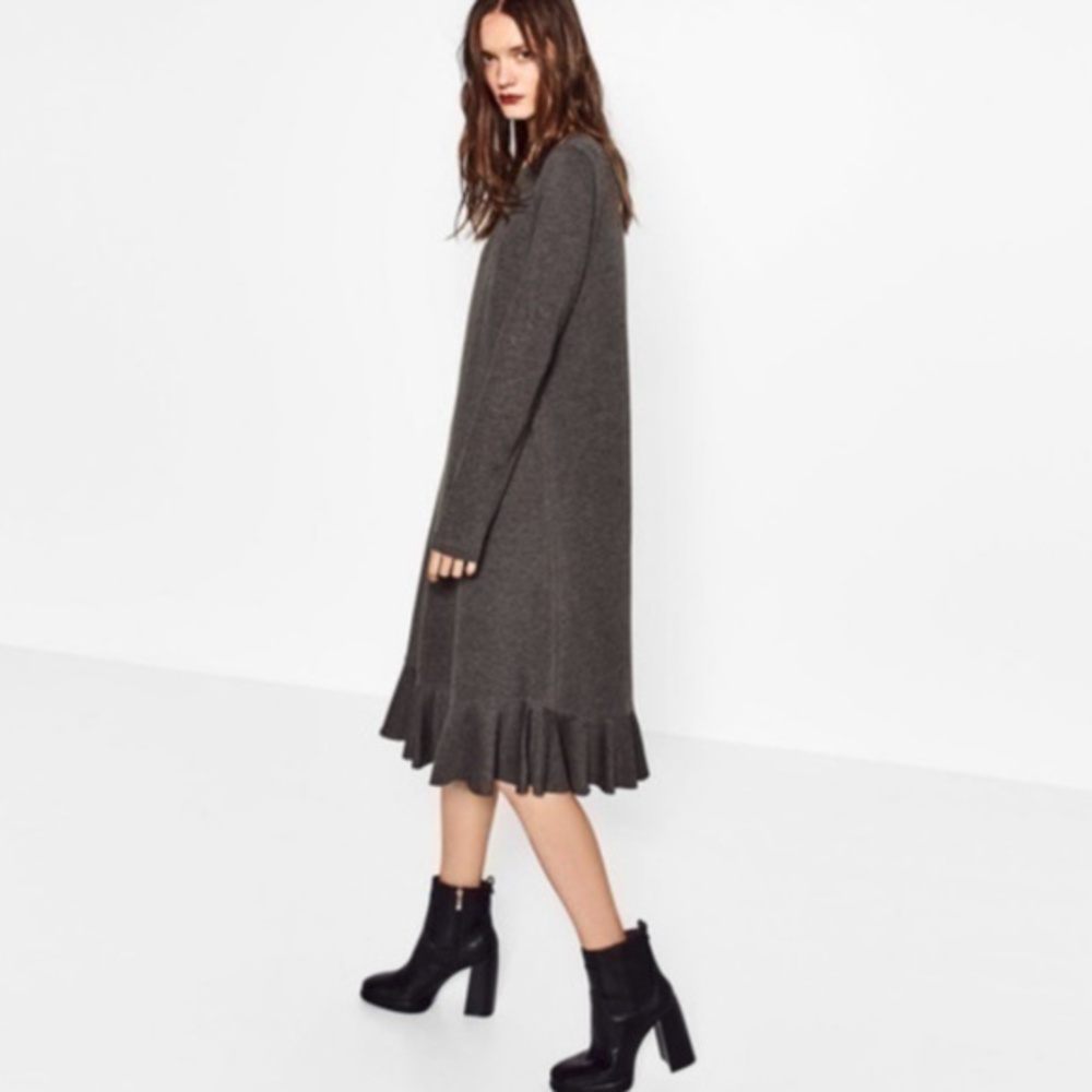 Zara Grey Frill Midi Dress sz S